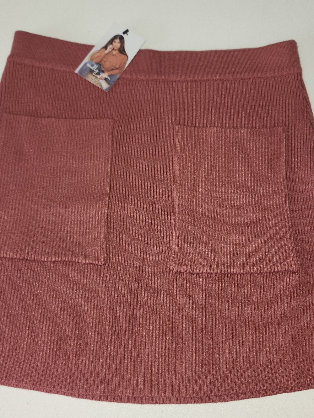 Ribbed Mini Skirt with Front Pockets - Rust Pink